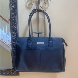 New Mary Kay Black faux Leather Tote Bag with bright floral lining